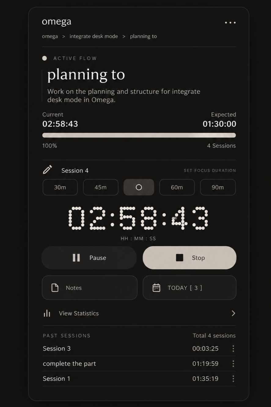 Active Flow session timer with intended and invested time